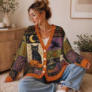May include: A long-sleeve V-neck cardigan featuring a patchwork design with Halloween motifs including a black cat sitting on a pumpkin, a crescent moon, a flying crow, a steaming cauldron, and autumn foliage in shades of orange, purple, and green.