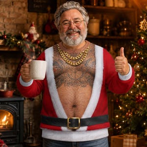 May include: A red long-sleeve jumper featuring a printed design of a bare chest with a large circular tattoo, a gold chain necklace, and a black belt with a gold buckle. The jumper has white faux fur trim along the front opening and cuffs.