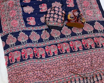 Crape Silk Ajrakh printed With Real Mirror Work and Tassels Saree Gift for Her