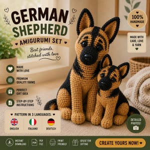 Può includere: Un set Amigurumi di pastore tedesco all'uncinetto, con un cane grande e uno piccolo. I cani sono marroni e neri, con la scritta "GERMAN SHEPHERD AMIGURUMI SET" sopra. L'immagine include anche il testo sul modello in 3 lingue.