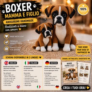 Könnte beinhalten: Eine handgemachte Häkelanleitung für eine Boxer-Mutter und ihren Welpen. Die Amigurumi-Hunde sind braun, weiß und schwarz, mit detailliertem Design. Das Bild enthält Text auf Englisch, Italienisch und Deutsch sowie die Worte "Made with Love" und "Perfect Gift for Anyone."
