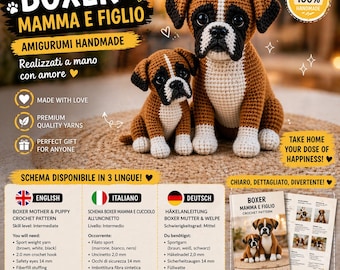 Boxer Dog Crochet Pattern PDF, Mother and Puppy Amigurumi, 3 Languages