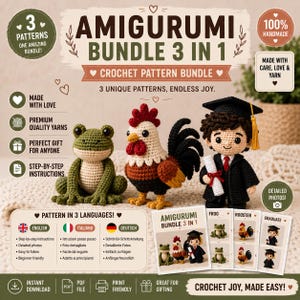 Può includere: Un pacchetto di modelli all'uncinetto Amigurumi con tre modelli unici: una rana, un gallo e un laureato. L'immagine include il testo "Amigurumi Bundle 3 in 1" e "Crochet Pattern Bundle". I modelli sono disponibili in tre lingue.