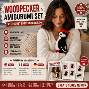 Può includere: Un set di modelli all'uncinetto per un amigurumi di picchio. L'immagine mostra una donna che tiene in mano un amigurumi di picchio finito. Il set include istruzioni, foto dettagliate ed è adatto ai principianti. Il modello è disponibile in inglese, italiano e tedesco.