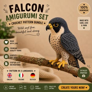 Pode incluir: Um amigurumi de falcão de crochê, empoleirado em um galho. A ave apresenta um design detalhado com corpo preto e cinza, peito bege e bico e pés amarelos. O texto inclui: "Falcon Amigurumi Set" e "Crochet Pattern Bundle."