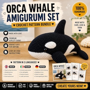 Può includere: Un set di modelli all'uncinetto per un amigurumi di balena orca. Il giocattolo finito è bianco e nero. Il modello include istruzioni passo passo e foto dettagliate in inglese, italiano e tedesco. Ottimo per i regali.