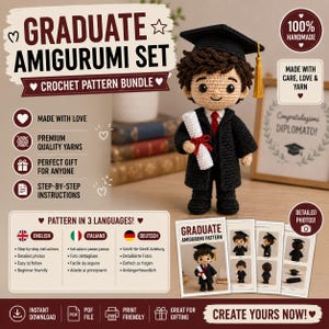 Peut inclure: Une poupée amigurumi diplômée au crochet, portant une toque et une toge noires, tenant un diplôme avec un ruban rouge. L'image comprend un ensemble de patrons de crochet avec des instructions en anglais, italien et allemand.