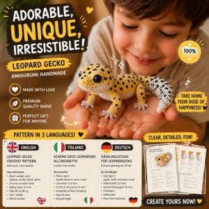 Può includere: Un amigurumi di geco leopardo fatto a mano, lavorato all'uncinetto con filato giallo, nero e bianco. L'immagine include un modello in tre lingue, con il testo "Adorable, Unique, Irresistible!" e "Create Yours Now!"