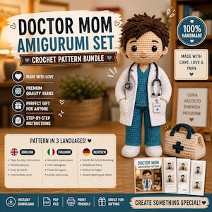 Könnte beinhalten: Häkel-Amigurumi-Set für Doctor Mom, einschließlich einer Puppe in weißem Kittel und blauer Kleidung, einer Arzttasche und Musteranleitungen. Handgefertigt mit hochwertigen Garnen, ein perfektes Geschenk.