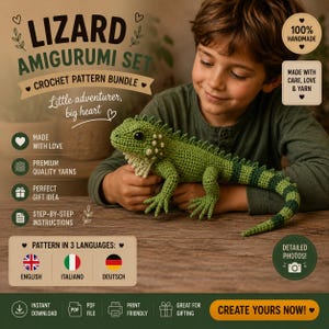 May include: A green and cream crochet lizard amigurumi, part of a pattern bundle. The image includes text that says "Lizard Amigurumi Set" and "Crochet Pattern Bundle". The pattern is available in English, Italian, and German. The product is handmade.