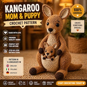 Puede incluir: Un patrón de crochet de una mamá canguro y su bebé. El canguro es marrón con detalles marrón oscuro, y el bebé está en una bolsa. La imagen incluye texto que dice "Kangaroo Mom & Puppy Crochet Pattern" y "100% Handmade".