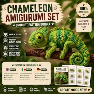 Puede incluir: Un conjunto amigurumi de camaleón de ganchillo verde y amarillo hecho a mano. El conjunto incluye un paquete de patrones de ganchillo con instrucciones paso a paso en inglés, italiano y alemán. El texto en la imagen dice "Create Yours Now!"
