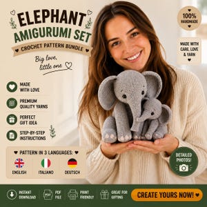 Può includere: Un set di modelli all'uncinetto amigurumi a forma di elefante con due elefanti grigi lavorati all'uncinetto. Il testo include Elephant Amigurumi Set, Crochet Pattern Bundle, Big love, little one, Made with love, Premium quality yarns, Perfect gift idea, Step-by-step instructions, Pattern in 3 languages, Detailed photos, Instant download, PDF file, Print friendly, Great for gifting, Create yours now.