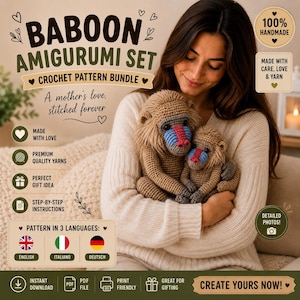 Può includere: Un pacchetto di modelli all'uncinetto per un set di amigurumi di babbuino. L'immagine mostra due babbuini amigurumi marroni fatti a mano con dettagli facciali blu e rossi. Il testo dice "A mother's love, stitched forever". Il modello è disponibile in inglese, italiano e tedesco.
