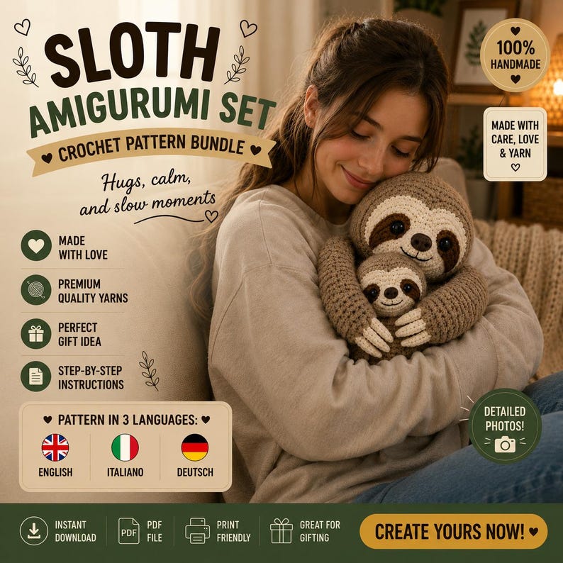 Sloth Crochet Pattern PDF, Mama and Baby Sloth Amigurumi, Hugging ...