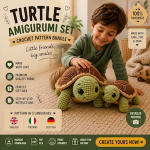 Può includere: Un set di tartarughe amigurumi all'uncinetto, con una tartaruga grande e una piccola. Le tartarughe hanno corpi verdi e gusci marroni. L'immagine include il testo "Turtle Amigurumi Set Crochet Pattern Bundle" e "Create Yours Now!"