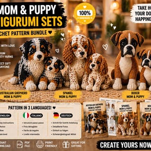 Può includere: Un pacchetto di modelli all'uncinetto con set di cani amigurumi: Pastore Australiano, Spaniel e Boxer, ognuno con una mamma e un cucciolo. L'immagine mostra i cani all'uncinetto finiti e le copertine dei modelli.
