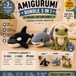 Può includere: Pacchetto di modelli all'uncinetto Amigurumi con un'orca bianca e nera, uno squalo grigio e una rana verde. L'immagine include il testo "3 Patterns, One Amazing Bundle!" e "Crochet Pattern Bundle". Il pacchetto include istruzioni passo passo.
