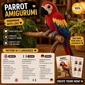 Può includere: Un pappagallo amigurumi all'uncinetto fatto a mano in rosso, blu e giallo appollaiato su un ramo di legno. L'immagine include il testo "Parrot Amigurumi" e "Handmade with Love". Viene mostrato anche un modello all'uncinetto.