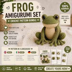 May include: A handmade green and beige crochet frog amigurumi, part of a crochet pattern bundle. The image includes the text "FROG AMIGURUMI SET" and "CROCHET PATTERN BUNDLE". The pattern is available in three languages and includes step-by-step instructions.
