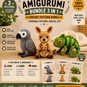 Può includere: Immagine di un pacchetto di modelli all'uncinetto Amigurumi con un pappagallo, un canguro e un camaleonte. Il pacchetto include istruzioni passo passo, foto dettagliate ed è adatto ai principianti. Il testo dice "Crea il tuo ora!"