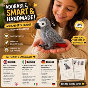 Può includere: Pappagallo grigio africano amigurumi fatto a mano. L'uccello all'uncinetto è grigio con becco e zampe neri e coda rossa. L'immagine include il testo che dice "Adorable, Smart & Handmade!" e "Perfect Gift for Anyone."