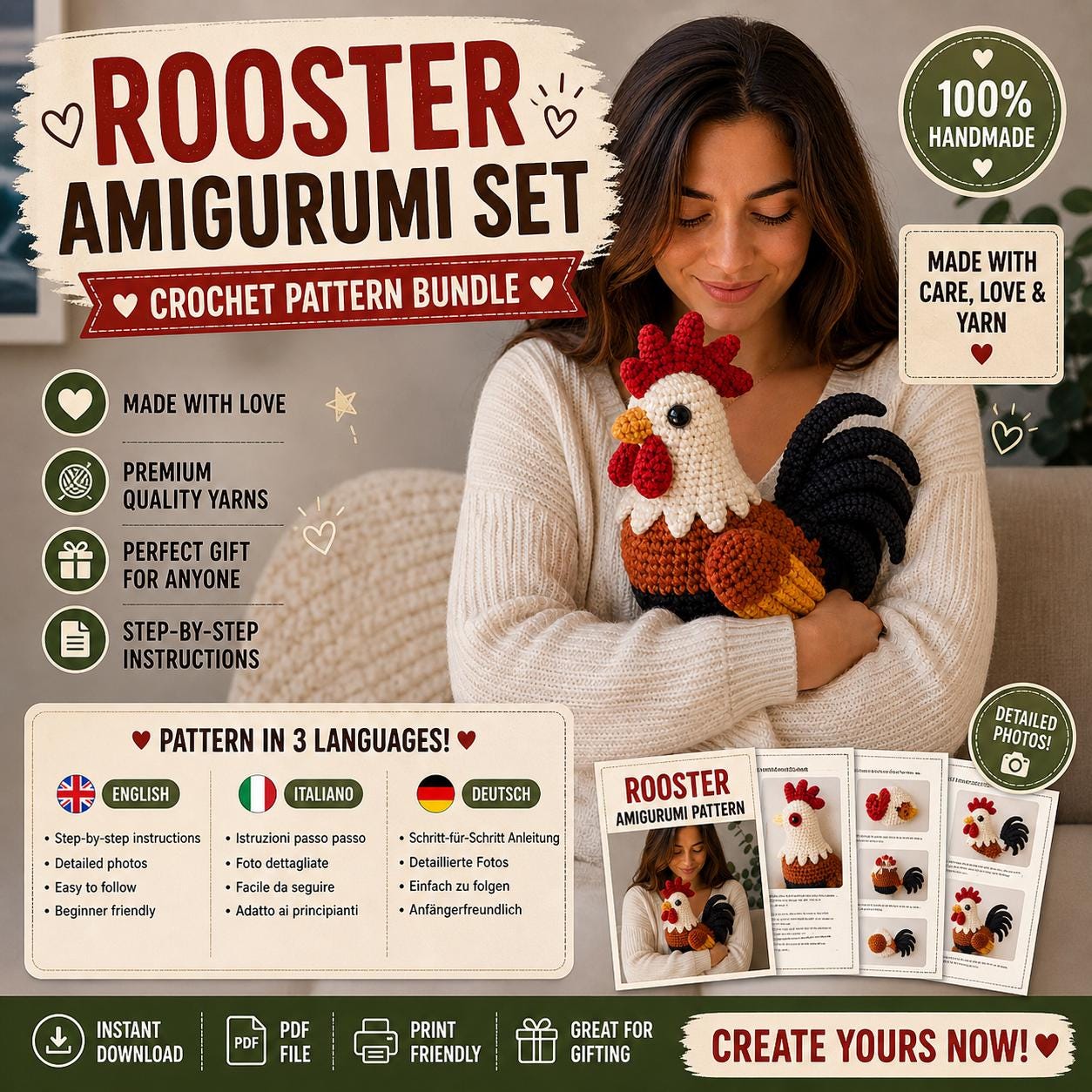 39 Rooster Crochet Patterns to Add Farmhouse Charm to Your Home Decor 15 Rooster Standing Chicken Amigurumi