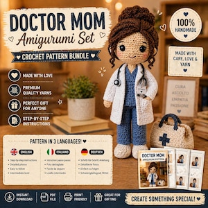 Könnte beinhalten: Ein Häkelmuster-Bundle für ein Doctor Mom Amigurumi-Set. Das Bild zeigt eine handgefertigte Puppe mit weißem Kittel und blauer Arbeitskleidung, mit passender Tasche. Das Muster ist in Englisch, Italienisch und Deutsch erhältlich.