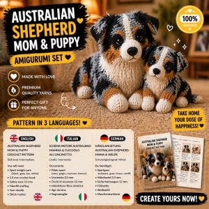 Può includere: Un set amigurumi fatto a mano con una mamma e un cucciolo di pastore australiano all'uncinetto. Il set è realizzato con filato nero, grigio, marrone e bianco. L'immagine include il testo "Australian Shepherd Mom & Puppy Amigurumi Set" e "Create Yours Now!"