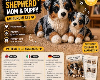 Australian Shepherd Crochet Pattern PDF, Mama and Puppy Amigurumi, 3 Languages