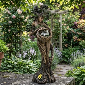 Tuinbeeld van een boomgodin, harssculptuur van een bosfee met kristallen kom, natuurgeïnspireerde buitendecoratie voor een tuinaltaar