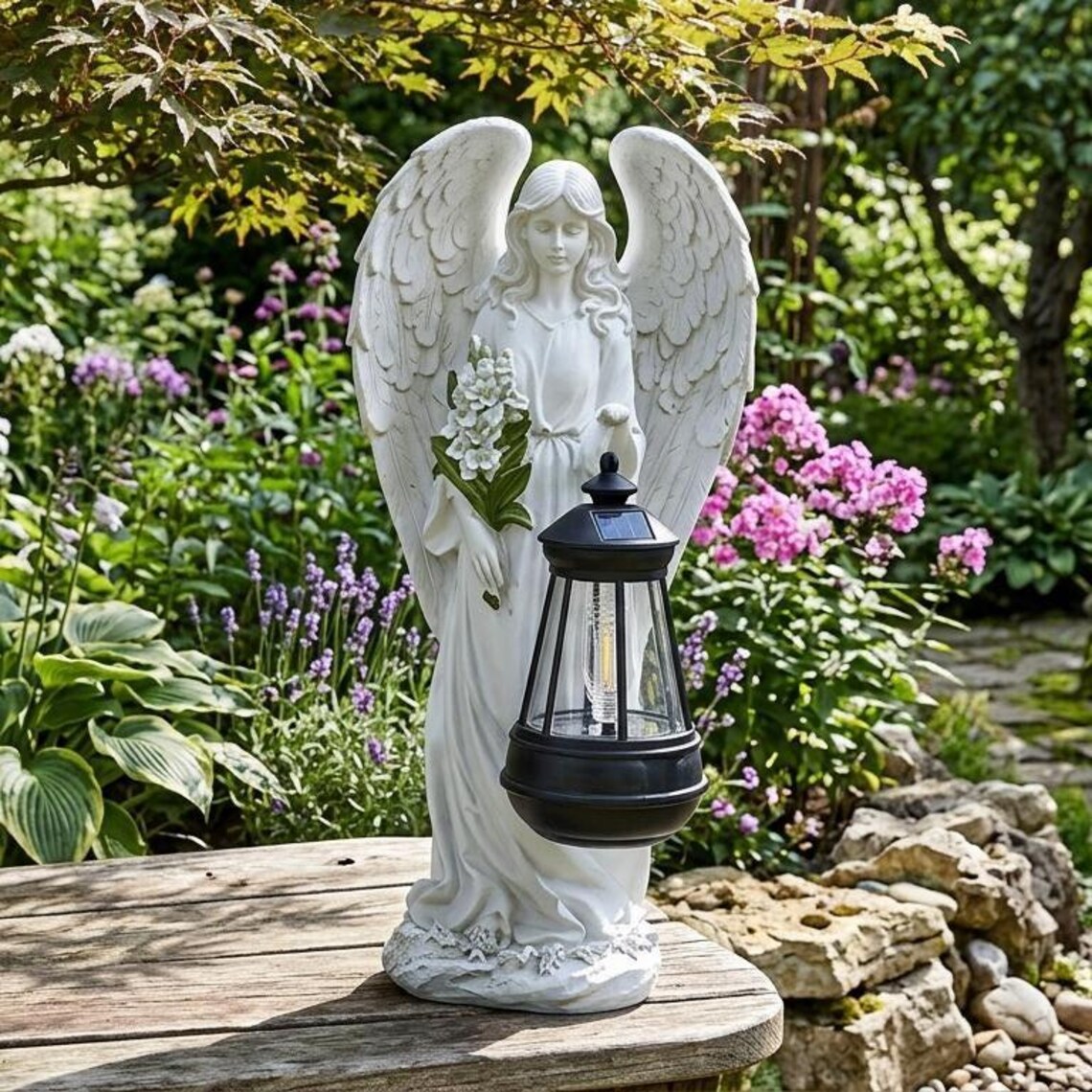 Solar Angel Garden Statue With Lantern, White Guardian Angel Outdoor ...