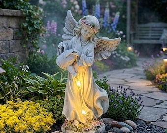 Solarbetriebene Engel-Gartenfigur mit Gießkanne, LED-Gießlicht, Feenskulptur aus Kunstharz für die Terrasse und das Blumenbeet
