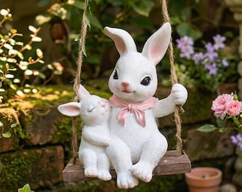 Estatua de jardín con forma de conejo columpio, decoración de conejito con cuerda, adorno de resina marrón y blanca para exteriores, regalo de Pascua para el jardín.