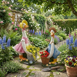 May include: Two decorative goose figurines standing on a stone path. One goose wears a yellow bonnet and pink dress, holding a grey pot of yellow flowers. The other goose wears a straw hat and blue overalls, holding a terracotta pot of red flowers.