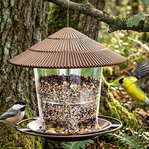 Comedero colgante para pájaros con techo, comedero de semillas para pájaros silvestres al aire libre, comedero rústico para árboles de jardín, regalo para amantes de las aves de jardín.