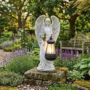 Solarbetriebene Engelsfigur mit Laterne, weiße Schutzengel-Gartenleuchte, Gedenk-Gartendekoration für Terrasse und Garten, Blumenbeet