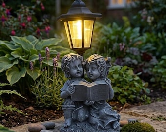 Estatua de ángel solar para niños con farol, escultura romántica para niños leyendo con luz LED, decoración para patio exterior.