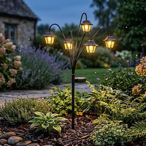 Puede incluir: Una lámpara de jardín solar de metal negro con cinco luces tipo linterna. Las lámparas emiten un brillo amarillo cálido, sobre un fondo de exuberante vegetación y una casa de piedra. La lámpara está colocada en un parterre con mantillo y rocas.