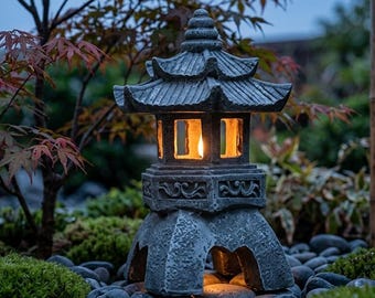 Solar Japanese Lantern Garden Light, Pagoda Stone Style Outdoor Lamp, Zen Garden Decor for Patio Pathway Yard