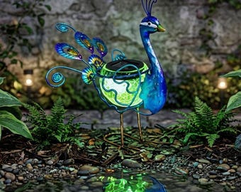 Solar Peacock Garden Light 30x30cm, Metal Outdoor Peacock Decor, LED Patio Sculpture for Yard Garden Pathway