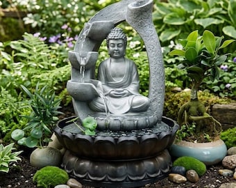 Buddha Garden Fountain, Zen Outdoor Water Feature, Resin Lotus Statue Decor for Patio Meditation Garden