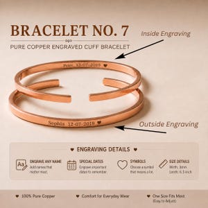 May include: Two copper cuff bracelets with open ends. One shows inside engraving with the text Peter 12-07-2019 and a heart symbol. The other shows outside engraving with the text Sophia 12-07-2019 and a heart symbol. The text indicates a width of 3mm and length of 6.5 inches.