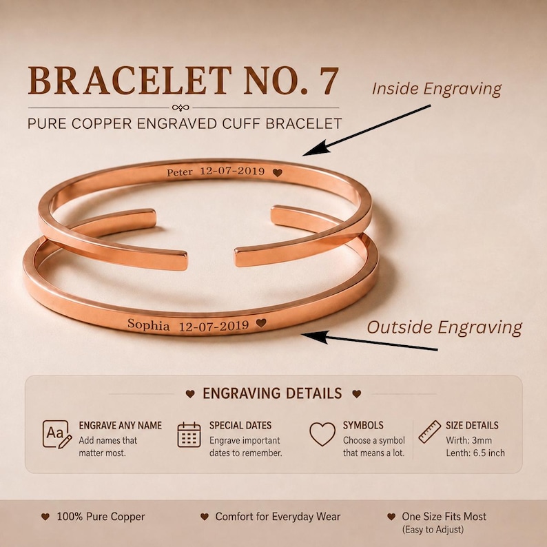 May include: Two copper cuff bracelets with open ends. One shows inside engraving with the text Peter 12-07-2019 and a heart symbol. The other shows outside engraving with the text Sophia 12-07-2019 and a heart symbol. The text indicates a width of 3mm and length of 6.5 inches.