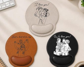 Tapis de souris de dessin au trait avec croquis photo personnalisé, cadeau de fête des pères pour papa et mari, accessoire de bureau personnalisé à partir d'une photo
