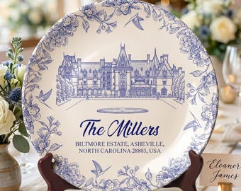 Custom Wedding Venue Photo Toile Illustrated Venue Decor Personalized Ceramic Plate, Wedding Gift For Couples, Custom Keepsake Plate