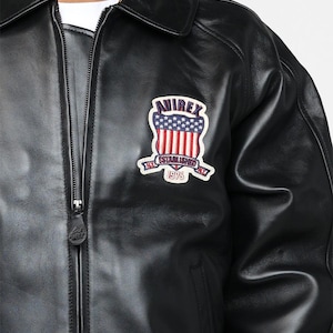 Avirex Black Leather Bomber Jacket Gold Club Embroidered Logo Genuine Cowhide Perforated Leather Biker Jacket Birthday Gift for Him