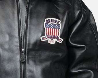 Avirex Black Leather Bomber Jacket: Gold Club Embroidered Logo, Genuine Cowhide Biker Jacket