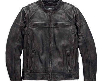 Distressed zwart leren motorjas, echte Harley-Davidson biker | Cadeau voor ruiter