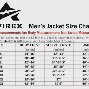 May include: A size chart for jackets, featuring the "AVIREX" logo. The chart provides body measurements in inches for chest, sleeve length, and waist, ranging from size S to 5XL. The text clarifies these are body measurements, not jacket measurements.